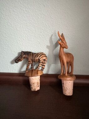 Hand Crafted Wood Animal Wine Bottle Stoppers - Zebra and Gazelle